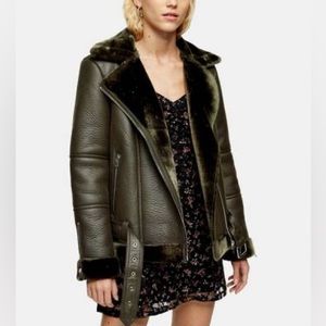 Topshop Faux Leather Shearling Green Aviator Jacket $125 L US 12